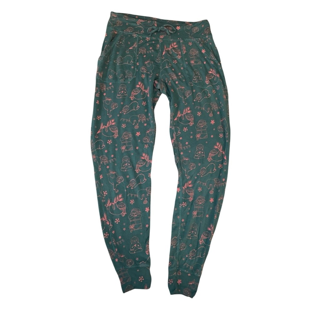Prana Jogger Pajama Pants Womens Small Green Pink Holiday Sloth Christmas